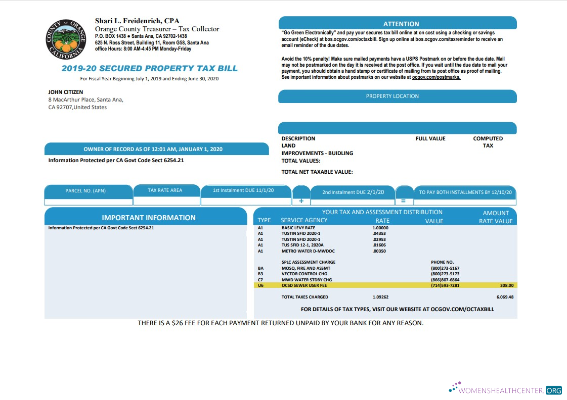 download USA County of Orange California property tax bill template in Word and PDF format PDF template